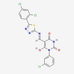 molecular formula C19H10Cl3N5O3S B6037210 1-(3-chlorophenyl)-5-({[5-(2,4-dichlorophenyl)-1,3,4-thiadiazol-2-yl]amino}methylene)-2,4,6(1H,3H,5H)-pyrimidinetrione 