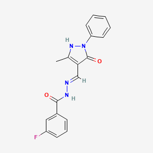 molecular formula C18H15FN4O2 B6037211 3-fluoro-N'-[(5-hydroxy-3-methyl-1-phenyl-1H-pyrazol-4-yl)methylene]benzohydrazide 