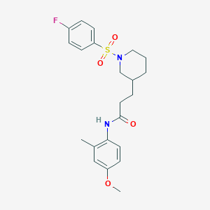molecular formula C22H27FN2O4S B6037240 3-{1-[(4-fluorophenyl)sulfonyl]-3-piperidinyl}-N-(4-methoxy-2-methylphenyl)propanamide 