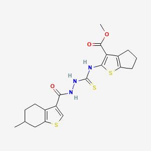 molecular formula C20H23N3O3S3 B6037401 methyl 2-[({2-[(6-methyl-4,5,6,7-tetrahydro-1-benzothien-3-yl)carbonyl]hydrazino}carbonothioyl)amino]-5,6-dihydro-4H-cyclopenta[b]thiophene-3-carboxylate 