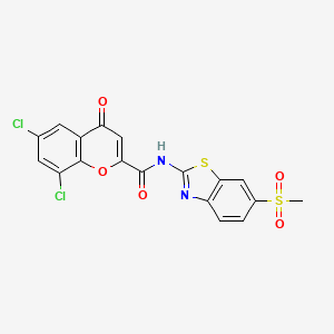 molecular formula C18H10Cl2N2O5S2 B603793 6,8-dichloro-N-[6-(methylsulfonyl)-1,3-benzothiazol-2-yl]-4-oxo-4H-chromene-2-carboxamide CAS No. 905767-23-9