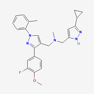 molecular formula C26H28FN5O B6038181 1-(5-cyclopropyl-1H-pyrazol-3-yl)-N-{[3-(3-fluoro-4-methoxyphenyl)-1-(2-methylphenyl)-1H-pyrazol-4-yl]methyl}-N-methylmethanamine 