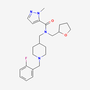 molecular formula C23H31FN4O2 B6038379 N-{[1-(2-fluorobenzyl)-4-piperidinyl]methyl}-1-methyl-N-(tetrahydro-2-furanylmethyl)-1H-pyrazole-5-carboxamide 