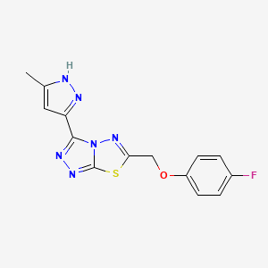 molecular formula C14H11FN6OS B603876 6-[(4-fluorophenoxy)methyl]-3-(3-methyl-1H-pyrazol-5-yl)[1,2,4]triazolo[3,4-b][1,3,4]thiadiazole CAS No. 1160226-87-8