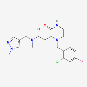 molecular formula C19H23ClFN5O2 B6040755 2-[1-(2-chloro-4-fluorobenzyl)-3-oxo-2-piperazinyl]-N-methyl-N-[(1-methyl-1H-pyrazol-4-yl)methyl]acetamide 