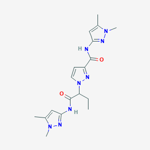 molecular formula C18H24N8O2 B6041570 N-(1,5-dimethyl-1H-pyrazol-3-yl)-1-(1-{[(1,5-dimethyl-1H-pyrazol-3-yl)amino]carbonyl}propyl)-1H-pyrazole-3-carboxamide 