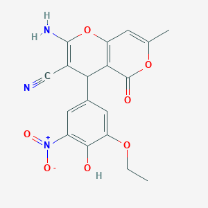 molecular formula C18H15N3O7 B6042943 2-amino-4-(3-ethoxy-4-hydroxy-5-nitrophenyl)-7-methyl-5-oxo-4H,5H-pyrano[4,3-b]pyran-3-carbonitrile 
