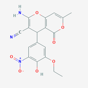 molecular formula C18H15N3O7 B6042943 2-AMINO-4-(3-ETHOXY-4-HYDROXY-5-NITROPHENYL)-7-METHYL-5-OXO-4H,5H-PYRANO[3,2-C]PYRAN-3-CARBONITRILE 