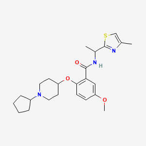 molecular formula C24H33N3O3S B6043227 2-[(1-cyclopentyl-4-piperidinyl)oxy]-5-methoxy-N-[1-(4-methyl-1,3-thiazol-2-yl)ethyl]benzamide 