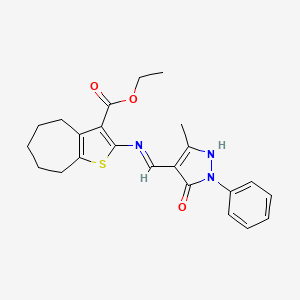 molecular formula C23H25N3O3S B604367 ethyl 2-{[(3-methyl-5-oxo-1-phenyl-1,5-dihydro-4H-pyrazol-4-ylidene)methyl]amino}-5,6,7,8-tetrahydro-4H-cyclohepta[b]thiophene-3-carboxylate CAS No. 342381-91-3