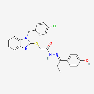 molecular formula C25H23ClN4O2S B604412 2-{[1-(4-chlorobenzyl)-1H-benzimidazol-2-yl]sulfanyl}-N'-[1-(4-hydroxyphenyl)propylidene]acetohydrazide CAS No. 314068-56-9