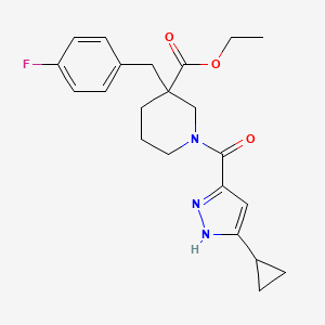 molecular formula C22H26FN3O3 B6044144 ethyl 1-[(3-cyclopropyl-1H-pyrazol-5-yl)carbonyl]-3-(4-fluorobenzyl)-3-piperidinecarboxylate 