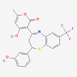 molecular formula C22H16F3NO4S B6044222 4-hydroxy-3-[2-(3-hydroxyphenyl)-7-(trifluoromethyl)-2,3-dihydro-1,5-benzothiazepin-4-yl]-6-methyl-2H-pyran-2-one 