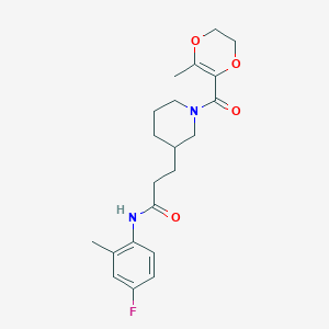 molecular formula C21H27FN2O4 B6044337 N-(4-fluoro-2-methylphenyl)-3-{1-[(3-methyl-5,6-dihydro-1,4-dioxin-2-yl)carbonyl]-3-piperidinyl}propanamide 