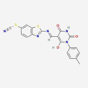 molecular formula C20H13N5O3S2 B6044418 2-({[1-(4-methylphenyl)-2,4,6-trioxotetrahydro-5(2H)-pyrimidinylidene]methyl}amino)-1,3-benzothiazol-6-yl thiocyanate 