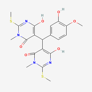 molecular formula C20H22N4O6S2 B604472 6-hydroxy-5-{(3-hydroxy-4-methoxyphenyl)[4-hydroxy-1-methyl-2-(methylsulfanyl)-6-oxo-1,6-dihydro-5-pyrimidinyl]methyl}-3-methyl-2-(methylsulfanyl)-4(3H)-pyrimidinone CAS No. 573709-63-4