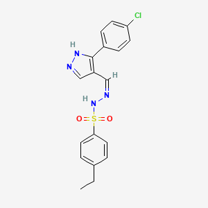 molecular formula C18H17ClN4O2S B6044968 N'-{[3-(4-chlorophenyl)-1H-pyrazol-4-yl]methylene}-4-ethylbenzenesulfonohydrazide 
