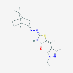 molecular formula C20H27N5OS B6045830 5-[(1-ethyl-3-methyl-1H-pyrazol-4-yl)methylene]-1,3-thiazolidine-2,4-dione 2-[(1,7,7-trimethylbicyclo[2.2.1]hept-2-ylidene)hydrazone] 