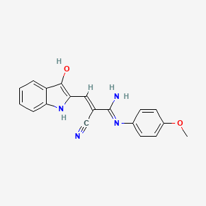 molecular formula C19H16N4O2 B604614 2-[2-Cyano-3-amino-3-(4-methoxyphenylamino)prop-2-enylidene]indolin-3-one CAS No. 1268610-65-6