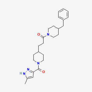 molecular formula C25H34N4O2 B6046157 4-benzyl-1-(3-{1-[(5-methyl-1H-pyrazol-3-yl)carbonyl]-4-piperidinyl}propanoyl)piperidine 