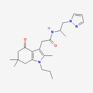 molecular formula C22H32N4O2 B6046215 N-[1-methyl-2-(1H-pyrazol-1-yl)ethyl]-2-(2,6,6-trimethyl-4-oxo-1-propyl-4,5,6,7-tetrahydro-1H-indol-3-yl)acetamide 