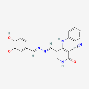 molecular formula C21H17N5O3 B604624 4-Anilino-5-[2-(4-hydroxy-3-methoxybenzylidene)carbohydrazonoyl]-2-oxo-1,2-dihydro-3-pyridinecarbonitrile CAS No. 352554-01-9