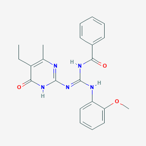 molecular formula C22H23N5O3 B6046414 N-{[(5-ethyl-4-methyl-6-oxo-1,6-dihydro-2-pyrimidinyl)amino][(2-methoxyphenyl)amino]methylene}benzamide 