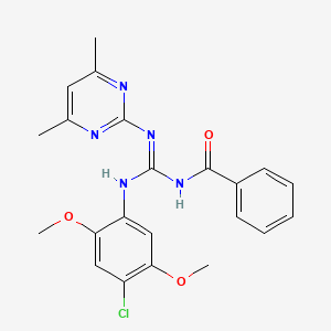 molecular formula C22H22ClN5O3 B6046715 N-{[(4-chloro-2,5-dimethoxyphenyl)amino][(4,6-dimethyl-2-pyrimidinyl)amino]methylene}benzamide 