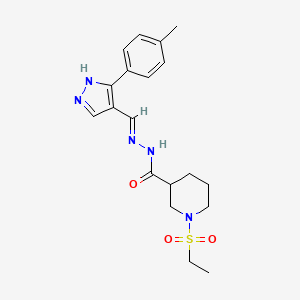 molecular formula C19H25N5O3S B6046740 1-(ethylsulfonyl)-N'-{[3-(4-methylphenyl)-1H-pyrazol-4-yl]methylene}-3-piperidinecarbohydrazide 