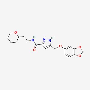 molecular formula C19H23N3O5 B6046899 5-[(1,3-benzodioxol-5-yloxy)methyl]-N-[2-(tetrahydro-2H-pyran-2-yl)ethyl]-1H-pyrazole-3-carboxamide 