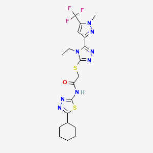 molecular formula C19H23F3N8OS2 B6048351 N-(5-cyclohexyl-1,3,4-thiadiazol-2-yl)-2-({4-ethyl-5-[1-methyl-5-(trifluoromethyl)-1H-pyrazol-3-yl]-4H-1,2,4-triazol-3-yl}thio)acetamide 
