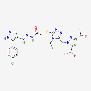 molecular formula C22H20ClF4N9OS B6049220 2-[(5-{[3,5-bis(difluoromethyl)-1H-pyrazol-1-yl]methyl}-4-ethyl-4H-1,2,4-triazol-3-yl)thio]-N'-{[3-(4-chlorophenyl)-1H-pyrazol-4-yl]methylene}acetohydrazide 