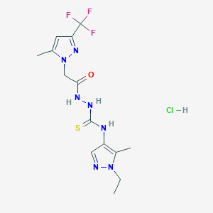 molecular formula C14H19ClF3N7OS B6049372 N-(1-ethyl-5-methyl-1H-pyrazol-4-yl)-2-{[5-methyl-3-(trifluoromethyl)-1H-pyrazol-1-yl]acetyl}hydrazinecarbothioamide hydrochloride 