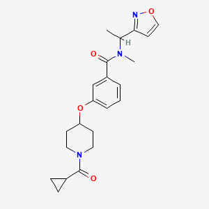 molecular formula C22H27N3O4 B6051168 3-{[1-(cyclopropylcarbonyl)-4-piperidinyl]oxy}-N-[1-(3-isoxazolyl)ethyl]-N-methylbenzamide 