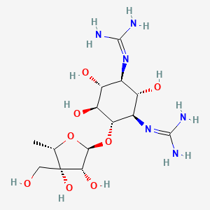molecular formula C14H28N6O8 B605120 D-Streptamine, N,N'-bis(aminoiminomethyl)-4-O-(5-deoxy-3-C-(hydroxymethyl)-alpha-L-lyxofuranosyl)- CAS No. 63487-84-3