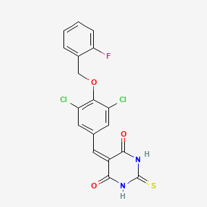 molecular formula C18H11Cl2FN2O3S B6051533 5-{3,5-dichloro-4-[(2-fluorobenzyl)oxy]benzylidene}-2-thioxodihydro-4,6(1H,5H)-pyrimidinedione 