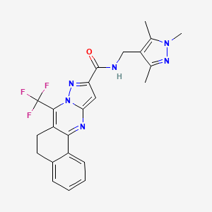molecular formula C23H21F3N6O B6052008 7-(trifluoromethyl)-N-[(1,3,5-trimethyl-1H-pyrazol-4-yl)methyl]-5,6-dihydrobenzo[h]pyrazolo[5,1-b]quinazoline-10-carboxamide 