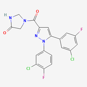 molecular formula C19H12Cl2F2N4O2 B605251 1-((1-(3-Chloro-4-fluorophenyl)-5-(3-chloro-5-fluorophenyl)-1H-pyrazol-3-yl)carbonyl)-4-imidazolidinone CAS No. 1187917-12-9