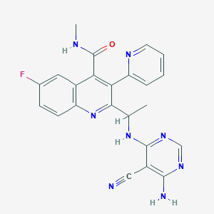 molecular formula C23H19FN8O B605361 2-(1-(6-amino-5-cyanopyrimidin-4-ylamino)ethyl)-6-fluoro-N-methyl-3-(pyridin-2-yl)quinoline-4-carboxamide CAS No. 1259522-94-5