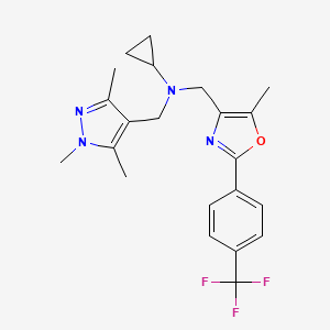 molecular formula C22H25F3N4O B6053964 N-({5-methyl-2-[4-(trifluoromethyl)phenyl]-1,3-oxazol-4-yl}methyl)-N-[(1,3,5-trimethyl-1H-pyrazol-4-yl)methyl]cyclopropanamine 