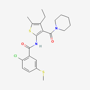 molecular formula C21H25ClN2O2S2 B6055634 2-chloro-N-[4-ethyl-5-methyl-3-(1-piperidinylcarbonyl)-2-thienyl]-5-(methylthio)benzamide 