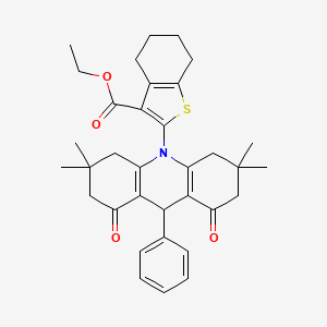 molecular formula C34H39NO4S B6055959 ethyl 2-(3,3,6,6-tetramethyl-1,8-dioxo-9-phenyl-2,3,4,5,6,7,8,9-octahydro-10(1H)-acridinyl)-4,5,6,7-tetrahydro-1-benzothiophene-3-carboxylate 