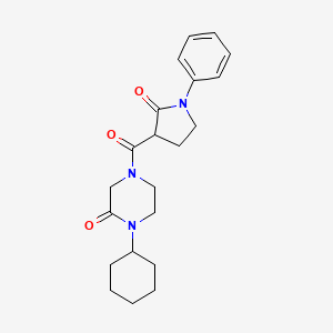 molecular formula C21H27N3O3 B6056870 1-cyclohexyl-4-[(2-oxo-1-phenyl-3-pyrrolidinyl)carbonyl]-2-piperazinone 