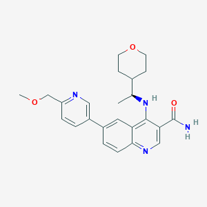 molecular formula C24H28N4O3 B605725 3-Quinolinecarboxamide, 6-(6-(methoxymethyl)-3-pyridinyl)-4-(((1S)-1-(tetrahydro-2H-pyran-4-yl)ethyl)amino)- CAS No. 2088113-98-6