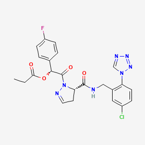 molecular formula C23H21ClFN7O4 B605780 (1R)-2-[(5S)-5-{[5-Chloro-2-(1H-tetrazol-1-yl)benzyl]carbamoyl}-4,5-dihydro-1H-pyrazol-1-yl]-1-(4-fluorophenyl)-2-oxoethyl propanoate CAS No. 1201686-72-7