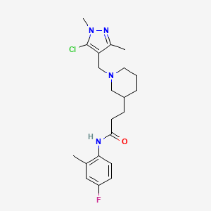 molecular formula C21H28ClFN4O B6058471 3-{1-[(5-chloro-1,3-dimethyl-1H-pyrazol-4-yl)methyl]-3-piperidinyl}-N-(4-fluoro-2-methylphenyl)propanamide 