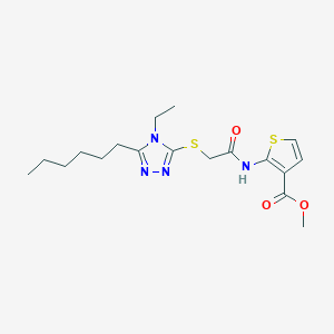 molecular formula C18H26N4O3S2 B6058556 methyl 2-({[(4-ethyl-5-hexyl-4H-1,2,4-triazol-3-yl)thio]acetyl}amino)-3-thiophenecarboxylate 