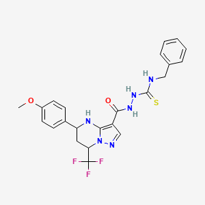 molecular formula C23H23F3N6O2S B6058868 N-benzyl-2-{[5-(4-methoxyphenyl)-7-(trifluoromethyl)-4,5,6,7-tetrahydropyrazolo[1,5-a]pyrimidin-3-yl]carbonyl}hydrazinecarbothioamide 