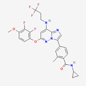 molecular formula C27H24F5N5O3 B605921 苯甲酰胺，N-环丙基-4-[6-(2,3-二氟-4-甲氧基苯氧基)-8-[(3,3,3-三氟丙基)氨基]咪唑并[1,2-b]哒嗪-3-基]-2-甲基- CAS No. 1554458-53-5