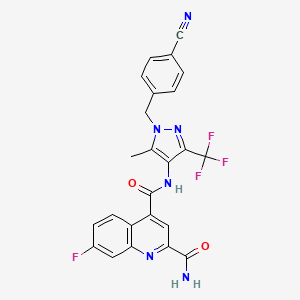 molecular formula C24H16F4N6O2 B605960 4-[1-[(4-氰基苯基)甲基]-5-甲基-3-(三氟甲基)-1H-吡唑-4-基]-7-氟-2,4-喹啉二甲酰胺 CAS No. 1799753-84-6